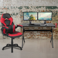 Flash Furniture BLN-X10D1904-RD-GG Black Gaming Desk and Red/Black Racing Chair Set with Cup Holder, Headphone Hook & 2 Wire Management Holes